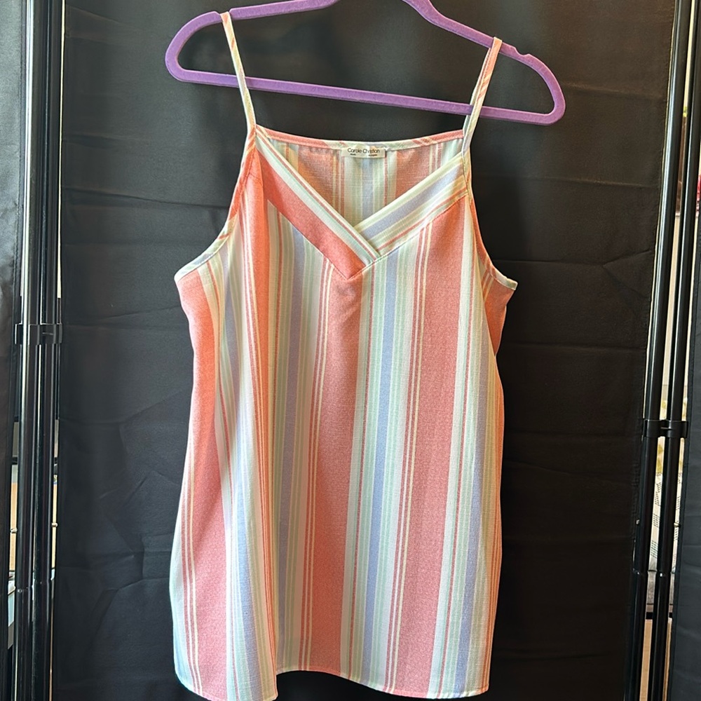 NWOT Carole Christian V Neckline Strappy Pastel Stripe Tank - L